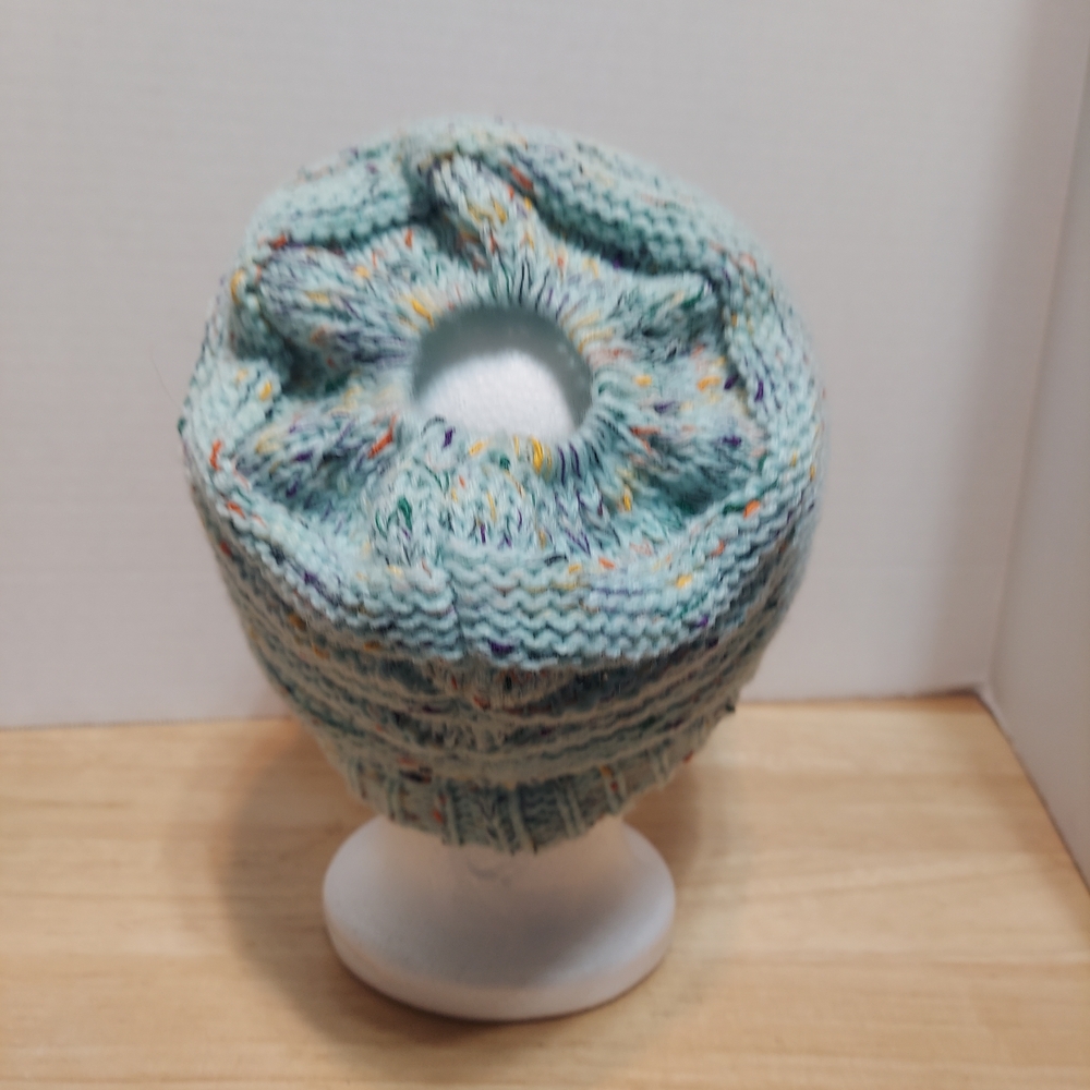 Mint Green Confetti Slouchy Visor Beanie Hat with Ponytail Hole - Like New - Picture 5 of 6